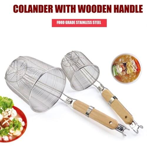 Wooden Handle Strainer Basket Stainless Steel Food Skimmer Kitchen Tool for Noodle Pasta CLH@8