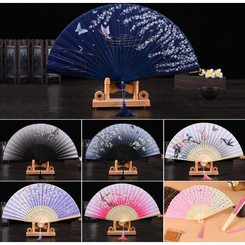 Summer Chinese Style Vintage Silk Flower Printing Hand Held Fan Folding Hollow Carved Wedding Dance Party Supplies Pocket Gift