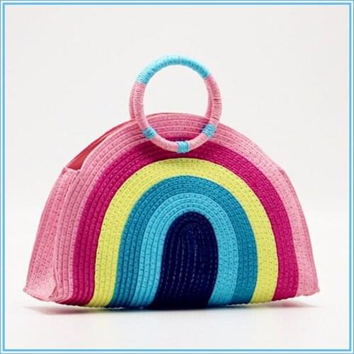 2021 hand made Rainbow straw handbags women new chic colorful tote girls woven beach totes fashion shopping shoulder bags SMT212