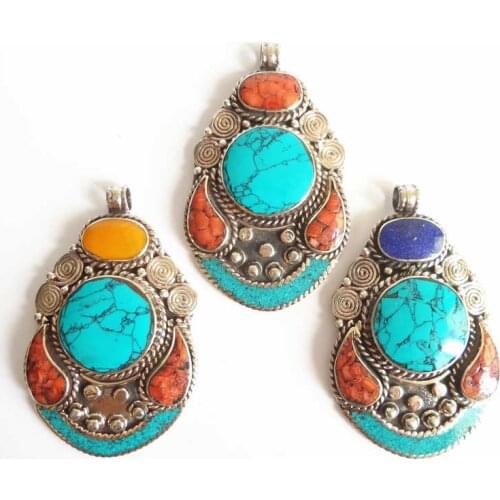 TBP454 Nepal Hand Vintage Triangle Pendants Copper Inlaid Colorful Stone New Arrival 2018