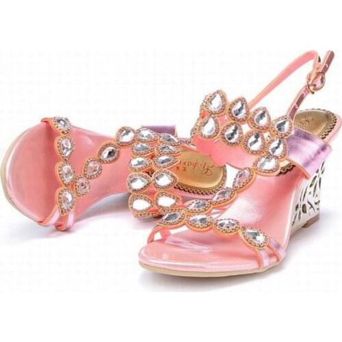 2018 new fashion gladiator wedges high heels sandals bling bling rhinestone buckle women shoes summer slippers big size 34-44