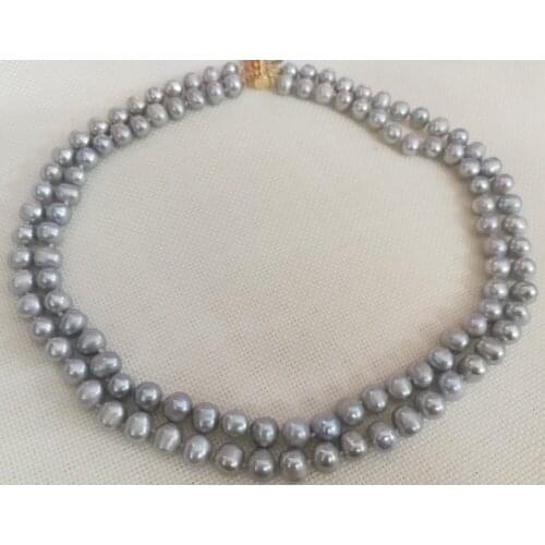 Women Jewelry 2 rows necklace 8x9mm bright gray pearl handmade Real cultured freshwater pearl gift