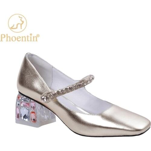 Phoentin gold womens square toe shoes colorful crystals heels wedding shoes bride cross strap mary janes elastic band FT973