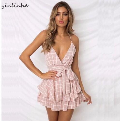 Yinlinhe Plaid Backless Women Summer Overalls Sexy Ruffles Rompers Short Jumpsuit Women 2019 Bowknot Slim beach Playsuits 341