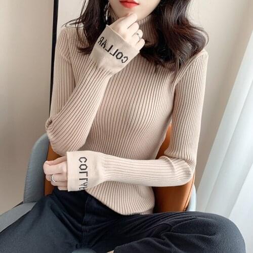 Turtleneck Long Sleeve Knit Sweater Women 2021 Letter Print Knitted Pullover Autumn Winter Jumper Casual Tops Fashion Korea