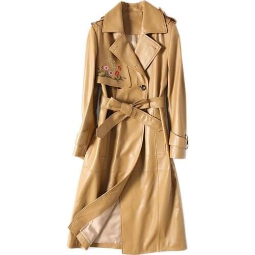 New Fashion Women Flower Embroidery Long Genuine Leather Jacket Office Ladies Belted Trench Coat Military Slim Fit Windbreaker