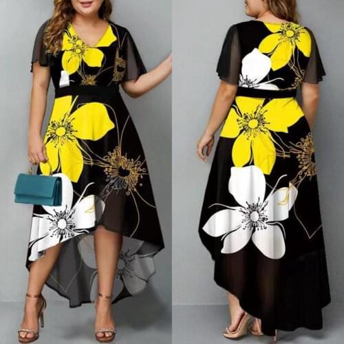 2021 Summer Floral Print Dress Short Sleeve V Neck Large Hem Formal Dress Casual Vestidos Female High Waist Robe Streetwear