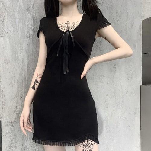 Gothic Dress Women Black Summer Dress 2021 ALine High Waist Vintage Lolita Mini Dresses Elegant Bodycon Streetwear