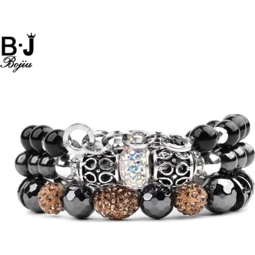 3 Pcs/Set Boho Womens Bracelets Jewelry Black Gun Hematite Stone Black Glass Beads Plastic Pave Crystal Ball Bracelets BCSET280