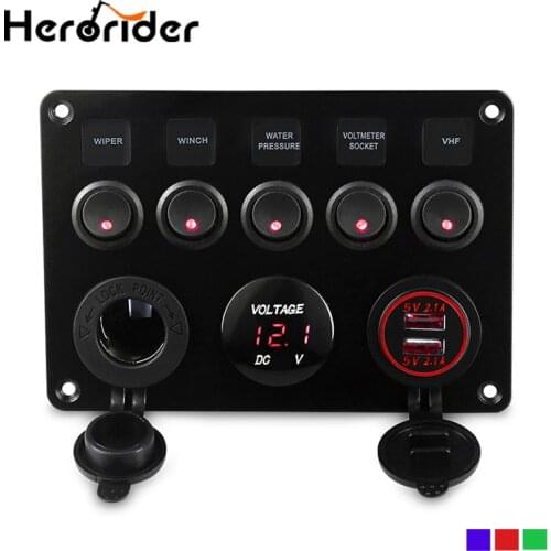 5 Gang ON OFF Car Toggle Switch Panel 4.2A Dual USB Socket Charger LED Voltmeter Cigarette Lighter Boat Marine Truck Switches