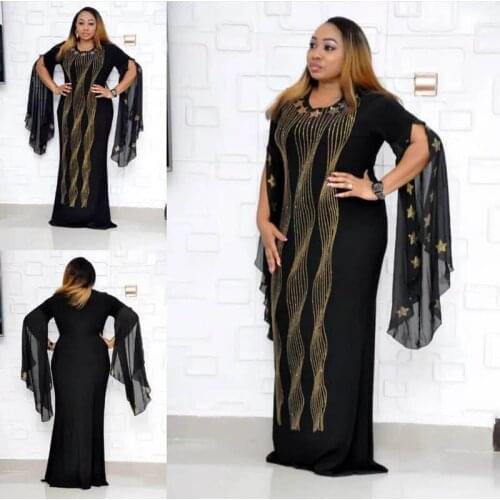 African Dresses For Women 2019 New African Slim Fishtail Dress Stars Hot Diamond Chiffon Ruffle Sleeve Dress African Clothes