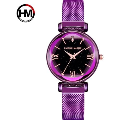 Hannah Martin Luxury Women Watches Waterproof Purple Ladies Bracelet Watch Magnet Milan Mesh Steel Strap Japan Quartz Movement