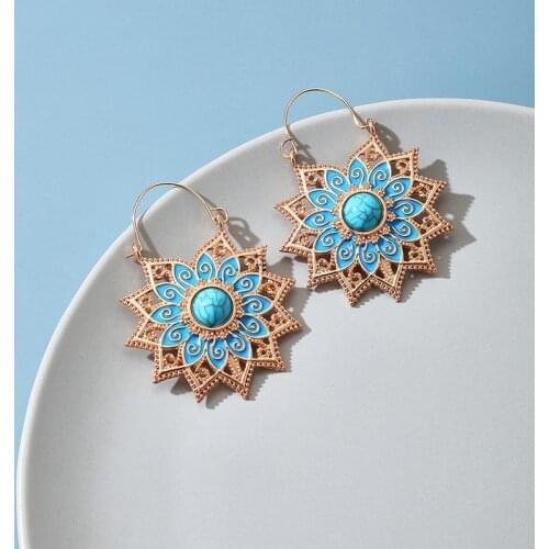 Gypsy Jewelry Ethnic Gold Color Flower Dangle Earrings Vintage Blue Dripping Oil Stone Beads Ladies Earrings