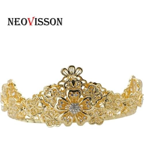 NEOVISSON Gold Color African Metal Flower Tiaras Crown Algeria Bridal Wedding Jewelry Rhinestone Bijoux Wholesale