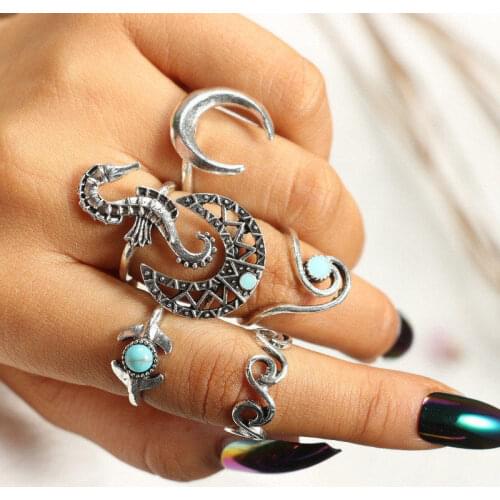 6PCS/SET Vintage Crack Stone Midi Finger Ring Set For Women Boho Silver Color Sea Horse Knuckle Ring Anillos Mujer