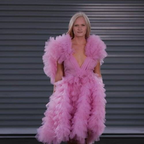 Fashion Elegant Exquisite Purple Women Dress Deep V-Neck Tulle Ruffles Layered Knee Length Dresses Custom Made Plus Size