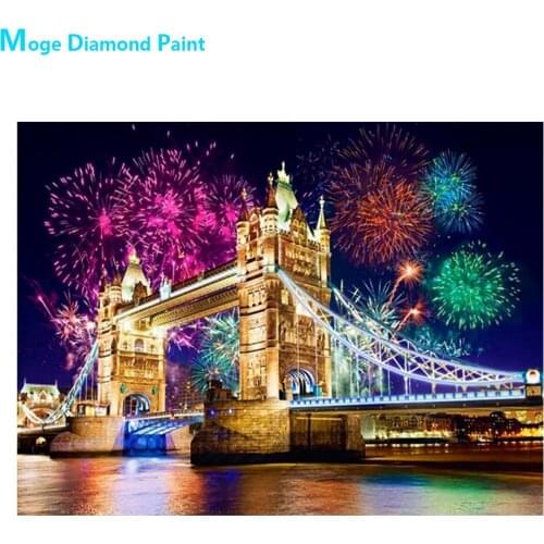 Night Fireworks London Bridge Diamond Painting Scenic Round Full Drill Nouveaute DIY Mosaic Embroidery 5D Cross Stitch Images
