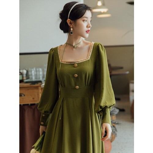 Gorgeous Green Dress For Elegant Lady Koran Fashion Embroidery Square Collar Lantern Sleeve Vintage Pirncess Dresses Vestido