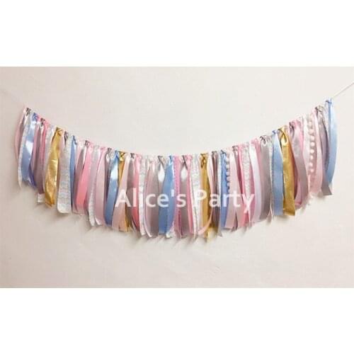 Handmade Pink Blue Gray Gold Macaroon Ribbon Banner Birthday Party Garland Highchair Bunting Baby Shower Decoration Photo props