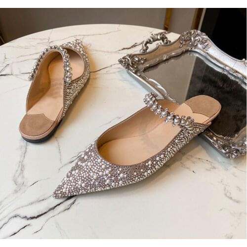 NEWDISCVRY Slippers Shoes Women Basic Summer Flock Shiny Rhinestones Pointed Toe Flats Pearl Slippers Fashion Party Women Shoes
