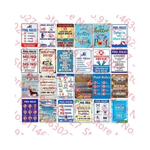Vintage Pool Rules Metal Sign Swimming Retro Tin Sign Safety Notice Swimming Club Pool Door Wall Decorator Decor