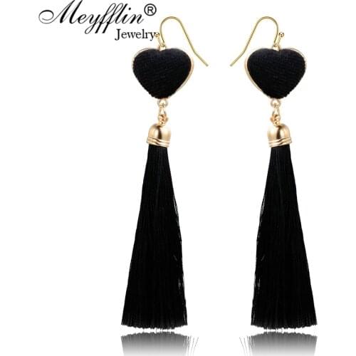 Meyfflin Silk Tassel Drop Long Earrings for Women 2020 Fashion Velvet Heart Fringed Statement Earring Dangle Brincos Jewelry