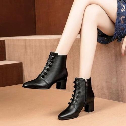 England Style Ankle Boots Women Leather Short Boot Button Spring Lady Elegant Evening Party High Heel Shoes Pointed Toe Botassr5