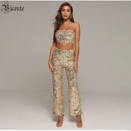 VC All Free Shipping 2020 New Tendy Sparkle Gold Sequins Two Pieces Suit Sexy Strapless Celebrity Party Club Crop Tops Pant Suit