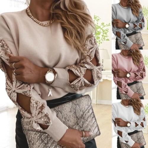 Women Sweater Elegant Solid Color Sequin Knitted Sweater Hollow Out Long Sleeve Pullover Womens Clothing Street wear 2021