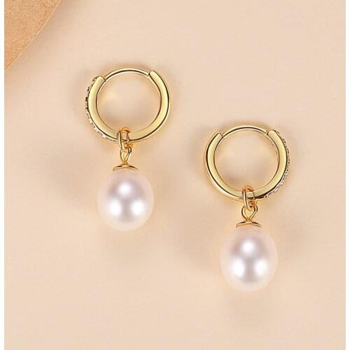 ELESHE Wholesale Freshwater Pearl 925 Sterling Silver 18K Gold Plated Zircon Hoop Earrings For Women Fashion Wedding Jewelry