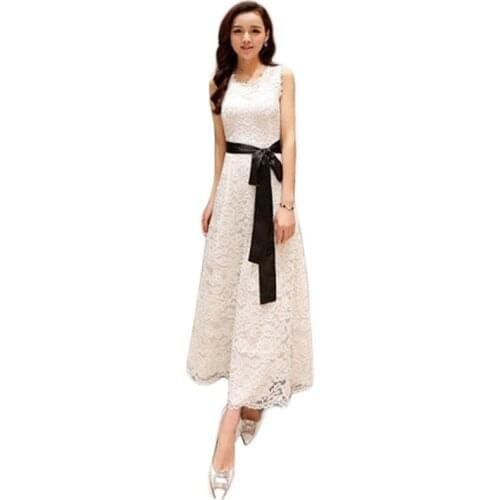 Lace dress women white black S-2XL plus size 2020 summer Korean slim beach holiday sleeveless floor-length dress with belt LR802