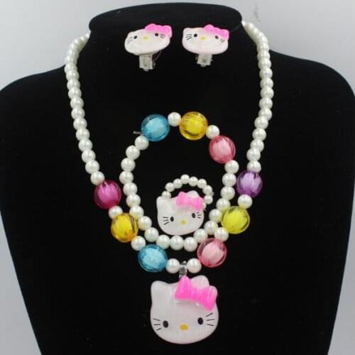 1=4pcs Kids Baby Girls Imitation Pearls Beaded kitty cats Necklace Bracelet Rings Earrings Jewelry Set Childrens Day Gift