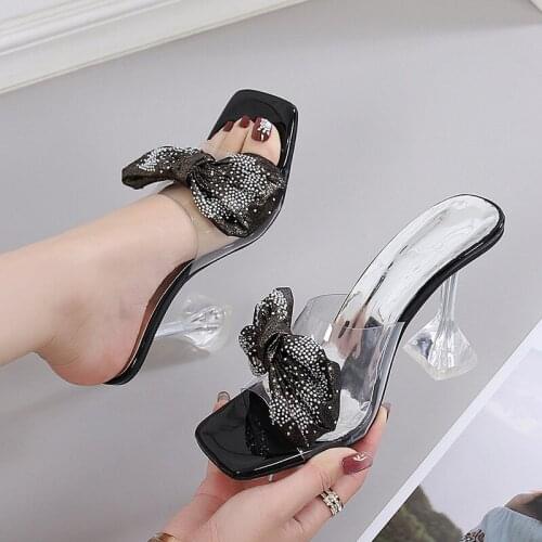 2021 Summer Rhinestone Bow Slippers Woman High Heels Ladies Woman Peep Toe Mules Lady Slides Shoes Plus Size 45 46 New Fashion