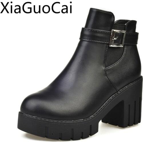 Black Women Martin Boots Platform Round Toe Women Platform Ankle Boots Leather Thick Heels Female Boots
