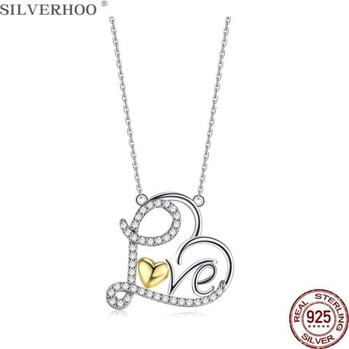 SILVERHOO S925 Sterling Silver Women Necklace Letter LOVE Full Heart Pendant Necklaces Romantic Valentines Day Female Jewlery