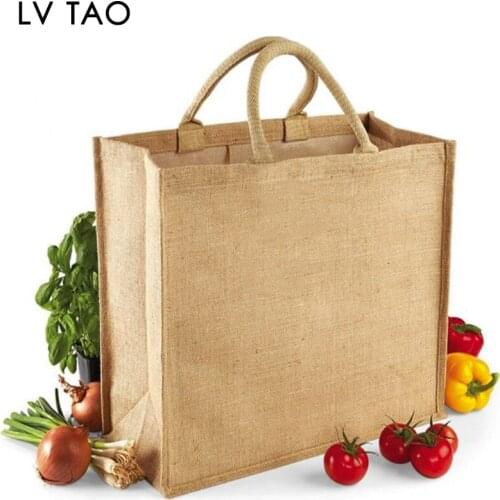 Jute Burlap Tote Bags Soft Cotton Handles Laminated Interior Reusable Grocery Shopping Bags Pack of 2