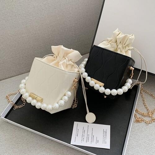 Box Shape Leather Crossbody Bags For Women 2021 Pearl Chain Drawstring Sweet Shoulder Handbags Female Travel Summer Totes Bag