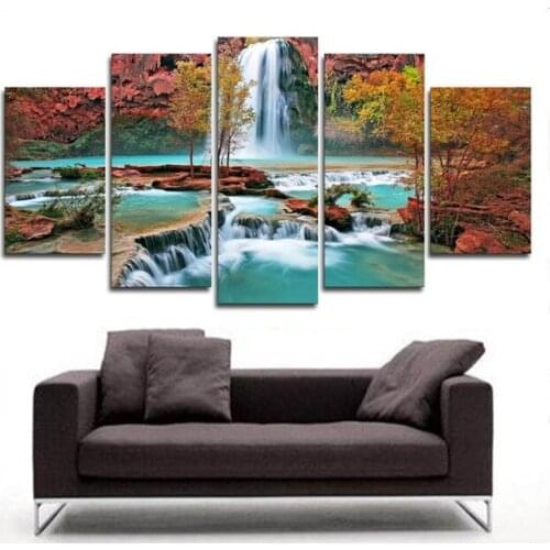 Creative Natural Scenery Waterfall Five Pieces Canvas Printings Painting Home Wall Decor Framed Modern Space Art For Living Room