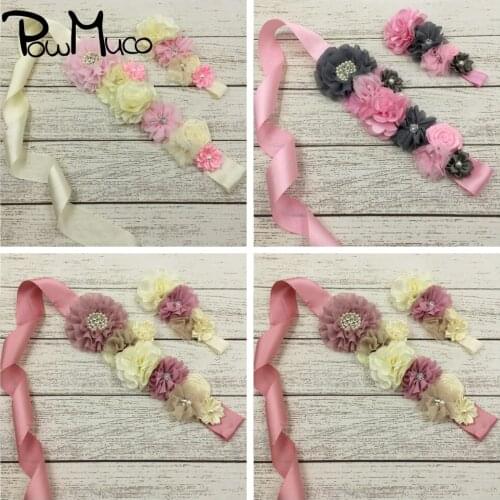 Powmuco Fashion Pearls Chiffon Flowers Sash and Headband Set Handmade Rose Floral Dress Belts Maternity Waistband Birthday Gifts