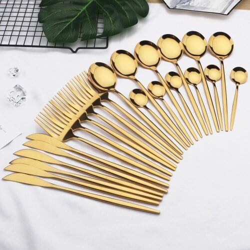 24pcs Gold Dinnerware Set Stainless Steel Tableware Set Knife Fork Spoon Flatware Set Dishwasher Safe Cutlery Set Dinnerware Set