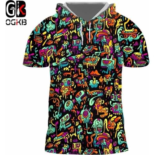 OGKB 3D Funny Psychedelic Print Hooded T Shirts Hipster Casual Abstract Anime Graffiti Short Sleeve Shirt Men Women Streetwear