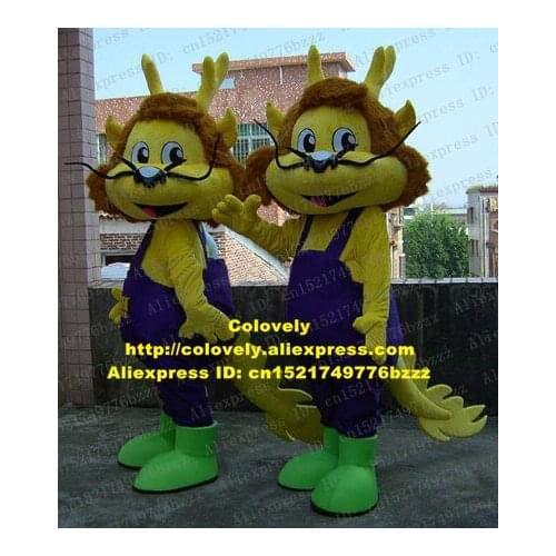 Original Yellow Dinosaur Dino Dragon Loong Mascot Costume Adult Size With Long Black Curve Beard Yellow Ramose Horns No.6386 FS