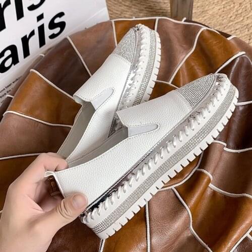 Autumn Womens Fashion Flats Elegent Slip-On Sewing Platform Round Toe Crystal Ladis' Loafers Shoes