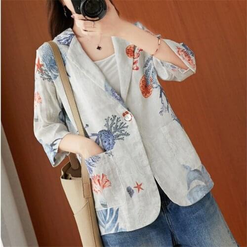 Retro Printed Cotton and Linen Suit Jacket 2020 Summer New Slim and Versatile Thin Ladies Leisure 3/4 Sleeve Shirt Blazer K714