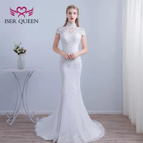 Stand High Collar New Wedding Dress Short Sleeves Crystal Beaded Lace Mermaid Wedding Dresses Plus Size Bride Gown WD8008