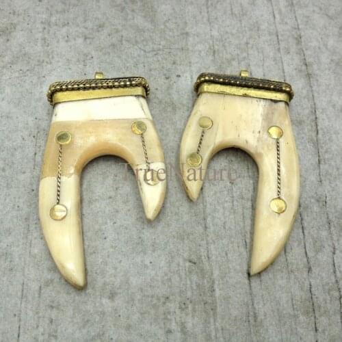 Bone Powder Horn Pendant Brass Stars Texture Brass Longhorn Charm For Jewelry In 68*40 mm PM4742