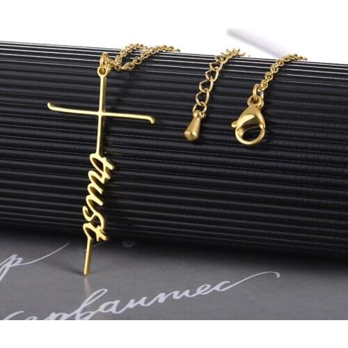 Simple Cross Necklaces For Women Faith Jewelry Stainless Steel Trust Fearless Blessed Letter Necklace Collier Femme 2021 bff
