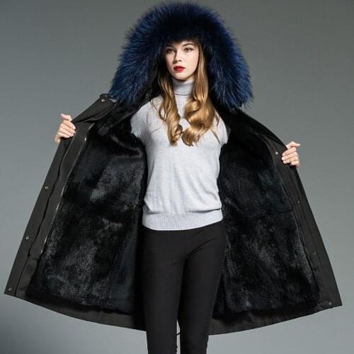 Luxury Womens Fur Coat Female Natural Rabbit Fur Liner Parka Winter Jacket Women Raccoon Fur Collar Long Coats MY3499