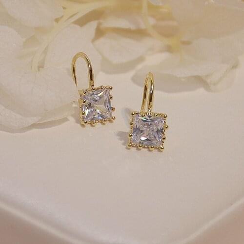 14K Real Gold Elegant Crystal Square Dangle Earrings for Women AAA Cubic Zircon Delicate Jewelry Geometric Drop Earrings