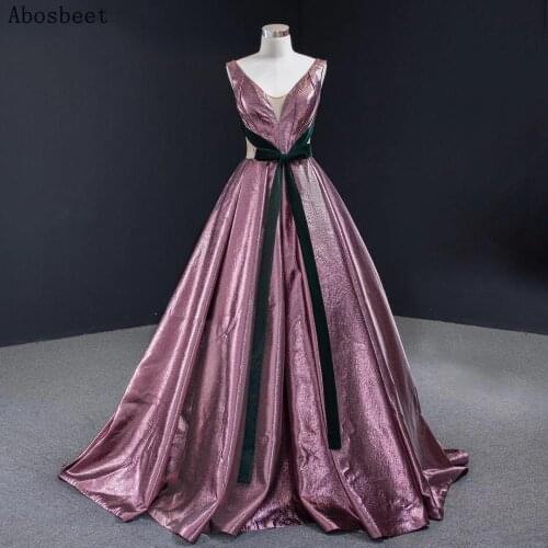 Light Purple A Line Evening Dress Long Dark Green Belt Long Formal Women Prom Party Evening Wear Laec Up Small Train V Neck